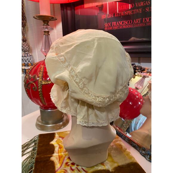 antique cream silk boudoir cap 1920s bed hat victorian bonnet edwardian - Picture 3 of 3